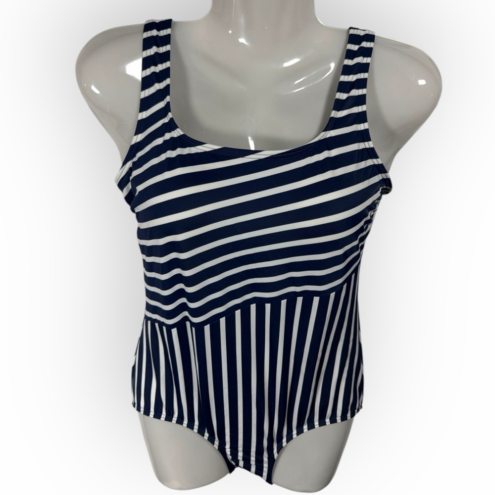 NWOT Lands End Striped Scoop Neck Tugless Sporty Swimsuit Blue White 6P